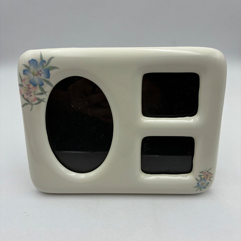Vintage 1984 Fetco Ceramic Floral 3 Opening Collage Picture Frame Cream 7.5x5.5